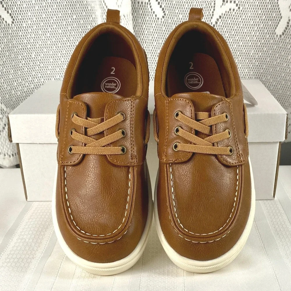 NWT Size 2 Boys Wonder Nation Brown Boat Shoe Slip On Memory Foam Back-to-School